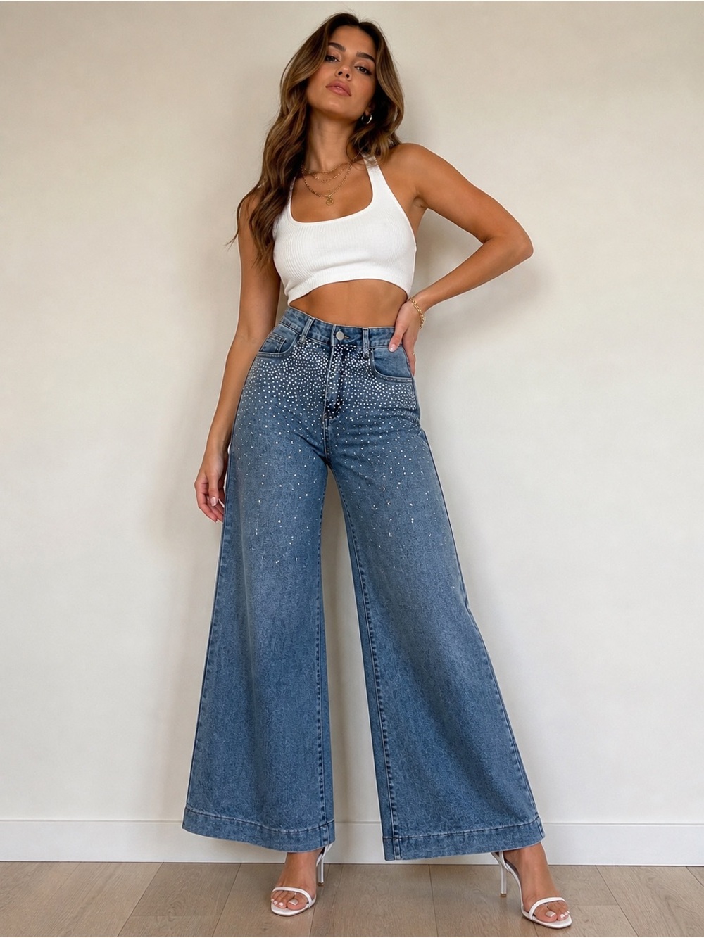 High-Rise Wide Leg Embellished Denim Jeans - Blue